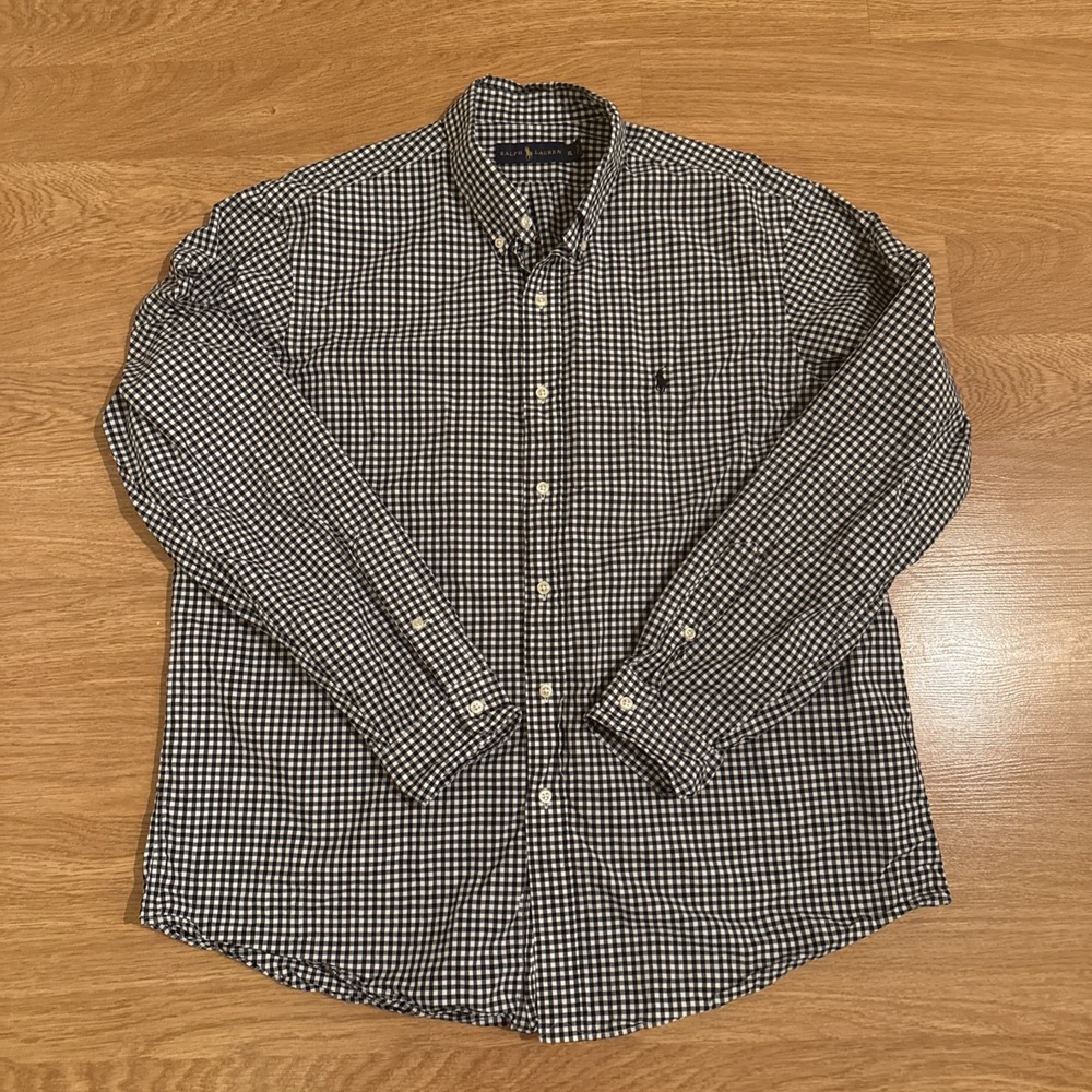 Ralph Lauren Shirt Men's XL Black White Gingham Check Plaid Long Sleeve Preppy